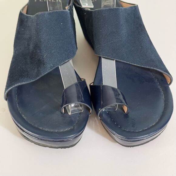 Donald Pliner Slide Wedge Sandals 9 Blue Gemmy Suede Leather Toe Loop Slip On - Picture 3 of 10